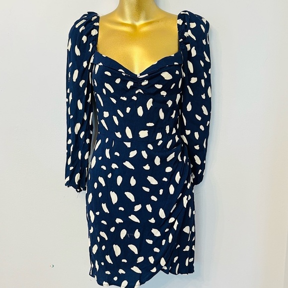 Reformation Navy White Print Mini Dress Long Sleeve Sweetheart Neck Size 4 - Picture 4 of 9